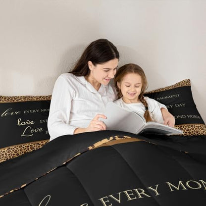 Castle Fairy Brown Leopard Print Comforter Set,Cheetah Skin Pattern Bedding Set All Season Down Comforter, Tropical African Wild Animal Fur Black Microfiber Polyester Quilt Set, King Size