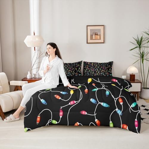 Erosebridal Festival Lamp 7 Piece Bedding Set Twin Cartoon Rope Comforter Set with Sheets Christmas Colorful Fantasy Bed in a Bag Holiday Black Bed Sets Comforter