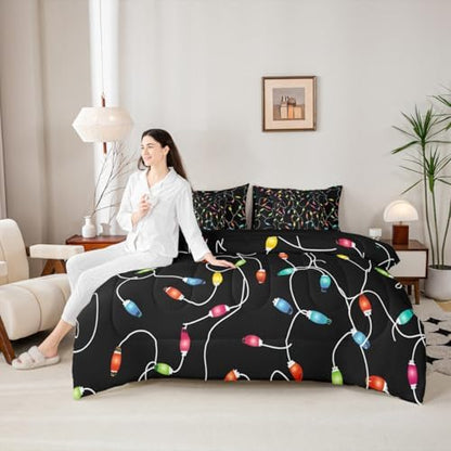 Erosebridal Festival Lamp 7 Piece Bedding Set Twin Cartoon Rope Comforter Set with Sheets Christmas Colorful Fantasy Bed in a Bag Holiday Black Bed Sets Comforter