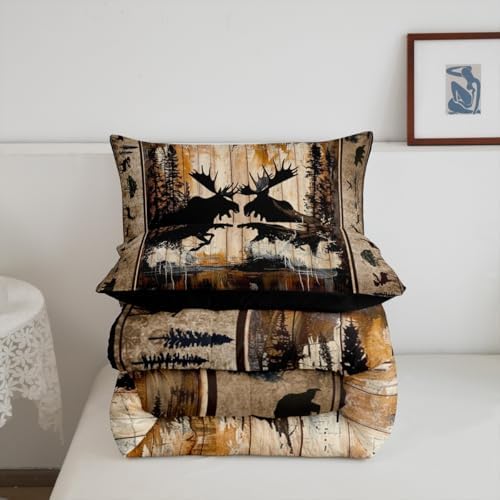 Feelyou Cute Moose Comforter Set for Girls Boys Kids Full Size Wildlife Decor Comforter Room Decorative Rustic Cabin Country Bedding Set Nature Wild Duvet Set 3Pcs Quilt Set