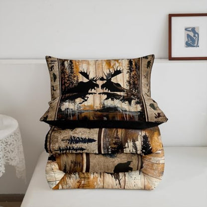 Feelyou Cute Moose Comforter Set for Girls Boys Kids Full Size Wildlife Decor Comforter Room Decorative Rustic Cabin Country Bedding Set Nature Wild Duvet Set 3Pcs Quilt Set