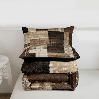 jejeloiu Modern Geometric Comforter Set King Size Brown Patchwork Texture Retro Bedding Set for Kids Boys Girls Modern Art Duvet Quilt Luxury Bedroom Decor Microfiber 3 Pcs with 2 Pillow Cases
