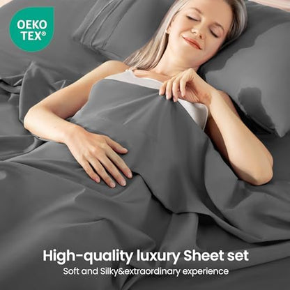 ROSE&RISY Dark Grey King Sheet Set, 4 Pieces Soft Bedding King Sheet Set, Breathable and Cooling,Includes 1 x Fitted Sheet, 1 x Flat Sheet, 2 x Pillowcases - Deep Pocket (Dark Grey, King)