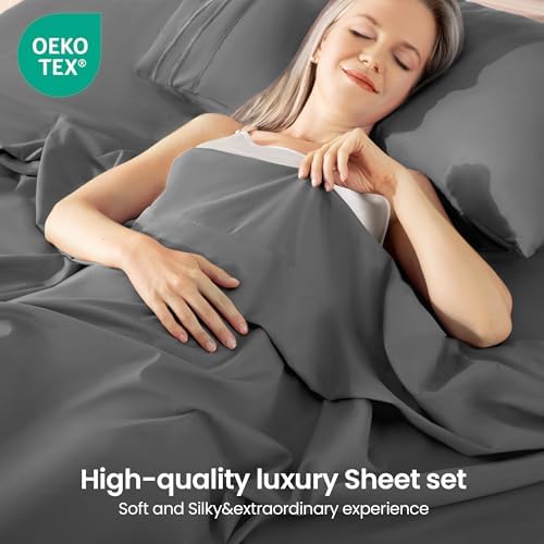 ROSE&RISY Dark Grey Full Sheet Set, 4 Pieces Soft Bedding Sheet Set, Breathable and Cooling,Includes 1 Fitted Sheet, 1 Flat Sheet, 2 Pillow Cases - Deep Pocket (Dark Grey, Full)