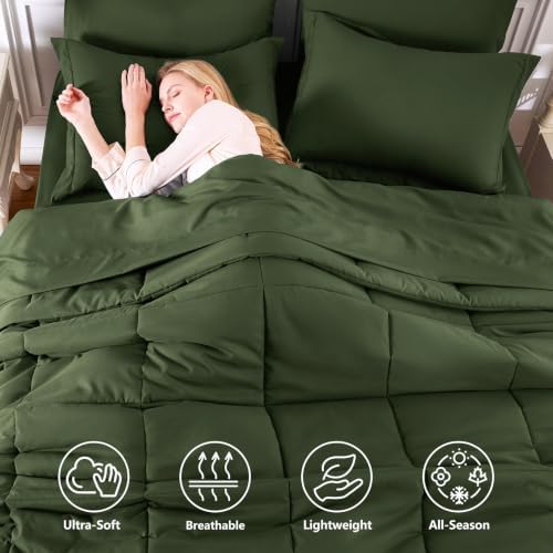 CozyLux Full Size Comforter Sets, 7-Piece Bed in a Bag, Olive Green