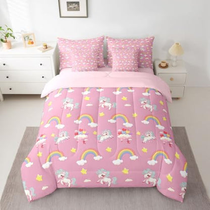 Erosebridal Cute Unicorn King Bed in A Bag 7 Piece Rainbow Unicorn Comforter Set with Sheets Dreamy Horse Printed Bedding Sets for Girls Teens Women,Magical Animal Decor Bed Set
