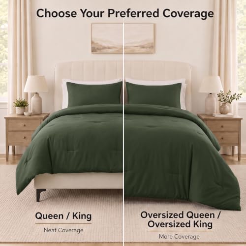 CozyLux Queen Comforter Set, 3 Pieces Down Alternative Bedding, Dark Green