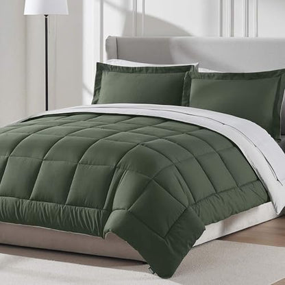 Nestl 9 Piece Full Comforter Set – Olive Green Reversible Bed in a Bag – Complete Full Size Bedding Set with Sheets, Set of 2 Down Alternative Pillows, Pillowcases and Shams