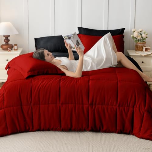 JOLLYVOGUE King Comforter Set, Ultra-Soft Bed in a Bag King Size 7 Pieces, Oeko-TEX Certified Bedding Set with Down Alternative Comforter, Sheets, Pillowcases & Shams, Red & Black