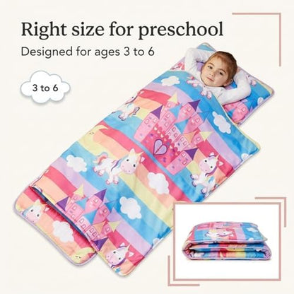 EVERYDAY KIDS Nap Mat with Removable Pillow - Unicorn Dreams - Carry Handle with Straps Closure, Rollup Design, Soft Microfiber for Preschool, Daycare, Travel Sleeping Bag - Ages 3-6 Years