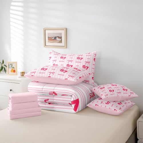 Erosebridal Girly Coquette Bowknot 7 Piece Bedding Set Twin Size Pink 67 Bow Comforter Set for Kids Girls Birthday Gifts,Watercolor Six Seven Bed in A Bag Pink Striped Number 67 Print Bed Set