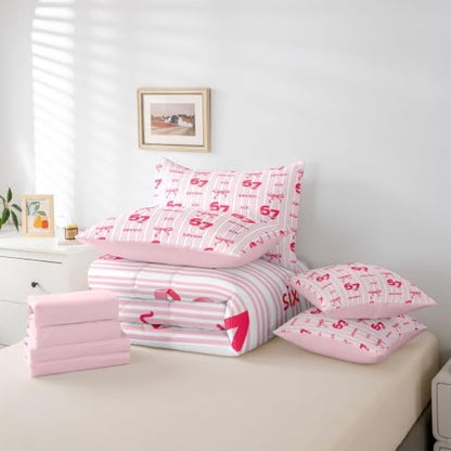 Erosebridal Girly Coquette Bowknot 7 Piece Bedding Set Queen Size Pink 67 Bow Comforter Set for Kids Girls Birthday Gifts,Watercolor Six Seven Bed in A Bag Pink Striped Number 67 Print Bed Set