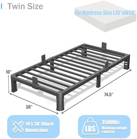 Yitong Angel 10 inch Twin Bed Frame with Rounded Corner Legs and Headboard Hole Mattress Slide Stopper Low Profile Heavy Duty Support Metal Platform,No Box Spring Needed,Noise Free,Easy Assembly