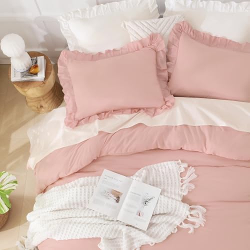 Andency Oversized King Ruffle Comforter Set, 3 Pcs Blush Fluffy Bedding Set