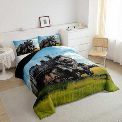 Erosebridal Train Comforter Sets Twin Size Retro Steam Engine Bedding Set for Kids Boys Teens,Railway Track Transport Duvet Sets,Green Grass Blue Sky Down Comforter with 1 Pillow Case