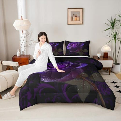 Purple Rose Pattern Comforter Set for Women Adults, Twin Size, 3D Printed Bedding with 1 Pillow Case for All Seasons, Soft Microfiber Inner Filling Duvet Set
