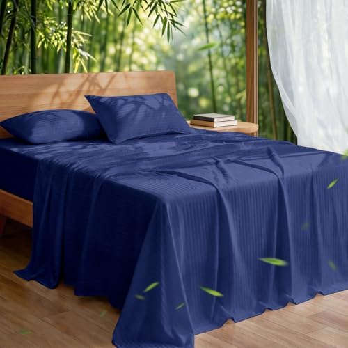 Cooling Sheets Set Full Size, Viscose Derived from Bamboo for Hot Sleepers, Double Stitching, Deep Pocket to 16 Inch, Silky Soft and Breathable Bedding, 4PC (Full, Jacquard Navy)