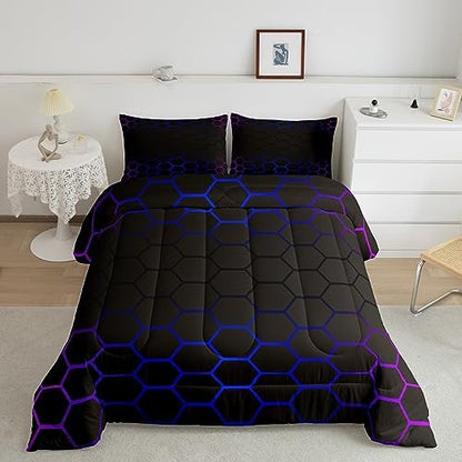 Purple Blue Ombre Hexagon Comforter Set Full Size, Geometrics Honeycomb Bedding Set for Boys Girls Hexagonal Geometrical Blue Black Comforter Abstract Duvet Set Microfiber Bed Set