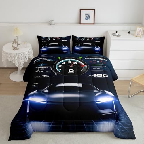Erosebridal Teens Race Car Comforter Set Full Size, Kids Cool Speed Racing Car Quilt Set, Extreme Sport Bedding Set for Boys Youth Adult Bedroom, Black Automobile Quilted Duvet for Bedroom