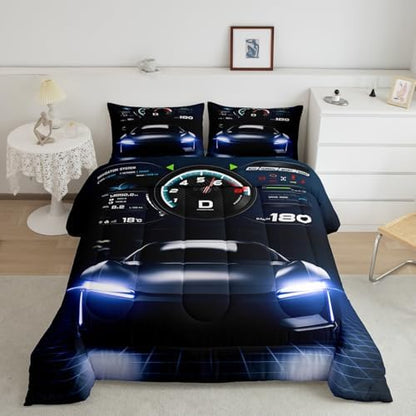 Erosebridal Teens Race Car Comforter Set Full Size, Kids Cool Speed Racing Car Quilt Set, Extreme Sport Bedding Set for Boys Youth Adult Bedroom, Black Automobile Quilted Duvet for Bedroom