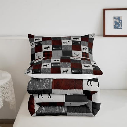 Homewish Bear and Deer Comforter Set,Gray Red Grid Bedding Set for Kids Girls Boys,Teens Adults Rustic Farmhouse Comforter,Trees and Arrow Quilted Duvet Set Bedroom Collection Twin Size 2Pcs