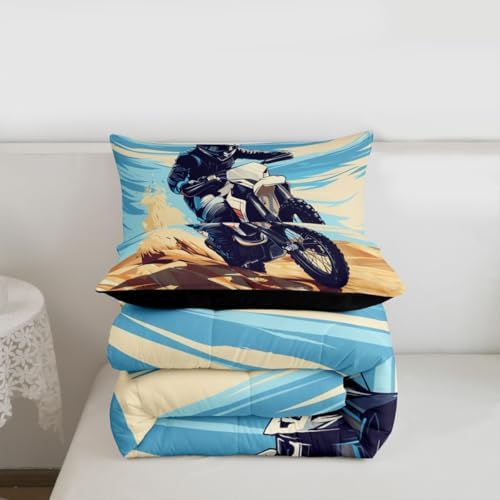 Feelyou Desert Motocross Rider Bedding Set Soft for Boys Girls,Dark Gear Dirt Bike Comforter Set Toddler Sand Track Design Duvet Quilt Checkered Flag Off-Road Racing Design 2 Pcs with 1 Pillow Cases