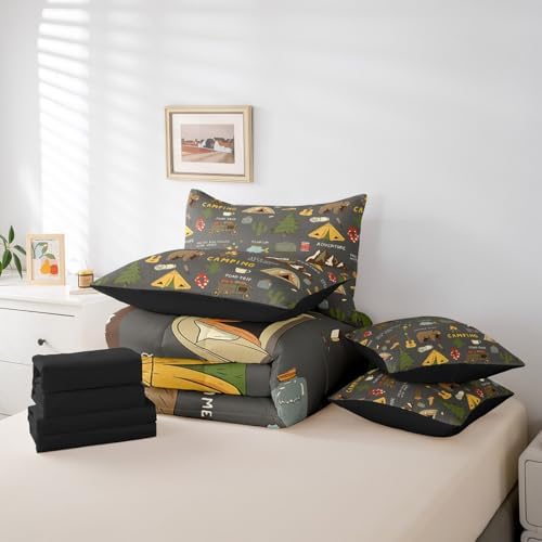 Erosebridal Happy Camping 7 Piece Comforter Set Queen Bed in a Bag for Kids,Hunting Bear and Pike Fish Bedding,Camper Accessories Sheet Set,Travel Car Hiking Theme Guitar Camera Duvet Insert,Black