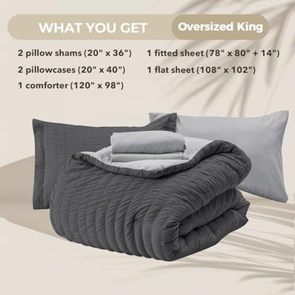 HYMOKEGE Dark Grey/Light Grey Oversized King Comforter Set Seersucker 7 Pieces, All Season Luxury Bed in a Bag for Bedroom, Bedding Set with Comforter, Sheets, Pillowcases & Shams