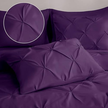 DOWNCOOL King Size Comforter Set, 7 Pieces Purple Pintuck Bed in a Bag