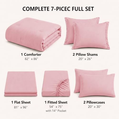 HIMEET Full Comforter Set, 7-Piece Point-Quilted Bed in a Bag, Pink