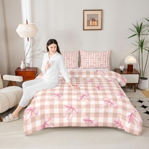 jejeloiu Bowknot Kids Comforter Set King Size Checkerboard Bedding Set Pink Bow Duvet Quilt for Kids Boys Girls Bedroom Plaid Decor Microfiber Ultra Soft Breathable