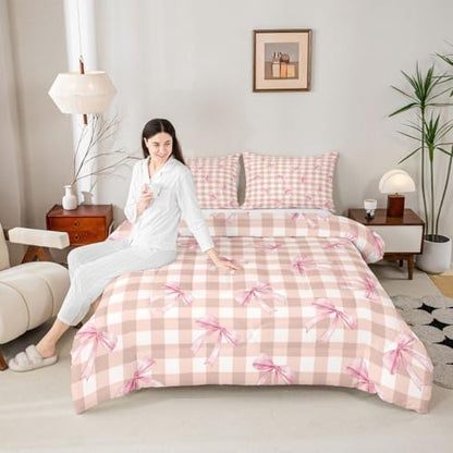 jejeloiu Bowknot Kids Comforter Set King Size Checkerboard Bedding Set Pink Bow Duvet Quilt for Kids Boys Girls Bedroom Plaid Decor Microfiber Ultra Soft Breathable