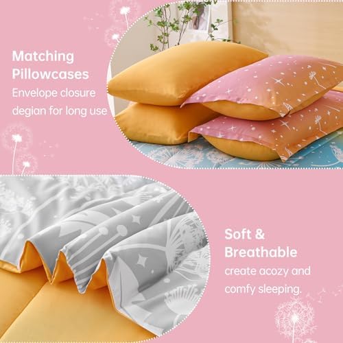 Dinjoy Girls Comforter Set 5 Pieces, Twin Size Colorful Ombre Rainbow Bedding Set, Bed in A Bag for Kid Teen Girls (1 Comforter, 1 Flat Sheet, 1 Fitted Sheet, 1 Pillow Shams, 1 Pillowcases)