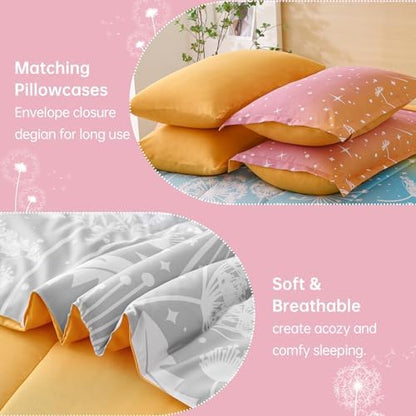 Dinjoy Girls Comforter Set 5 Pieces, Twin Size Colorful Ombre Rainbow Bedding Set, Bed in A Bag for Kid Teen Girls (1 Comforter, 1 Flat Sheet, 1 Fitted Sheet, 1 Pillow Shams, 1 Pillowcases)
