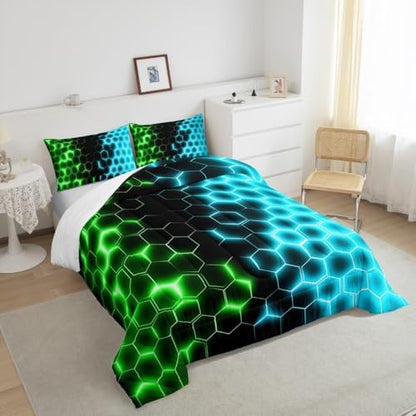 Feelyou Green Blue Honeycomb Bedding Set Fluorescent Hexagon Comforter Set Beehive Hexagon Comforter for Boys Girls Geometric Duvet Twin Size Quilt 2Pcs Boys