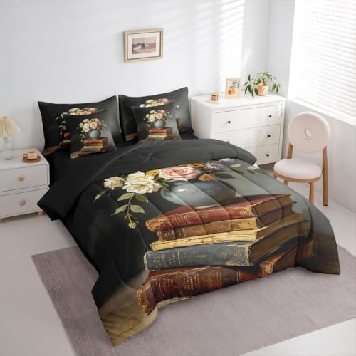 Erosebridal Vintage Book 7 Piece Bedding Set King Flower Comforter Set with Sheets Ancient Books Bed in a Bag Retro Plants Bed Sets Comforter