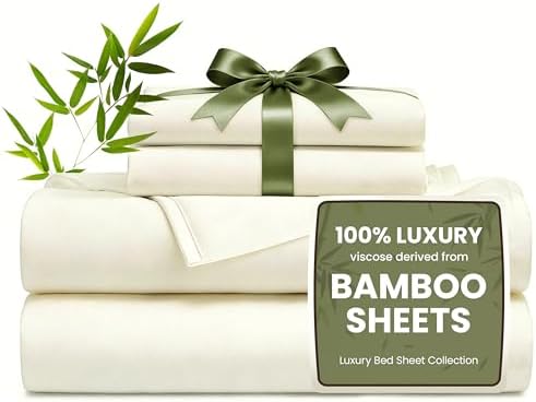 Love's cabin 4 Piece King Size Sheet Set, 100% Rayon Derived from Bamboo, Cooling & Breathable, Soft Silky Deep Pocket up to 16", Hotel Luxury Bedding for Hot Sleepers, Ivory