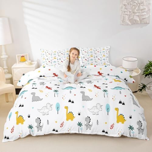 Dinosaur Duvet Cover Cute Animal Printed Comforter Cover King Size for Boys Teens Kids Lovely Dinosaur Pattern Bedding Set Girls Women Home Bedroom Decor 3Pcs Soft Reversible Bedclothes, Zipper