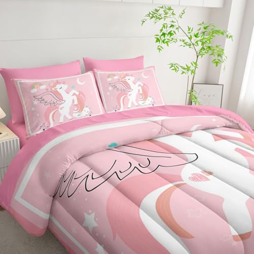 7Pcs Comforter Set Cartoon Pink Unicorn Printed Bedding Set with 1 Comforter,1 Flat Sheet,1 Fitted Sheet and 4 Pillowcases for Boys and Girls Bedroom All Season(Full)