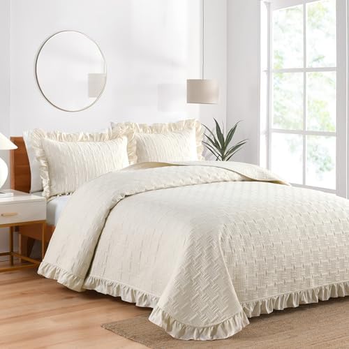 DJY King Size Quilt Bedding Sets, Beige Ruffled Bedspread Coverlet