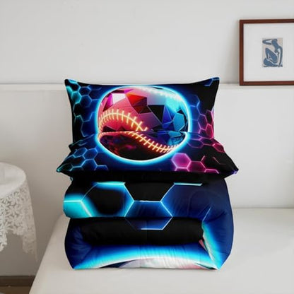 Erosebridal Baseball Bedding Sets King - 3D Glitter Ball Pattern Comforter Set for Kids Adults Colorful Neon Honeycomb Duvet Insert Geometric Hexagon Quilt