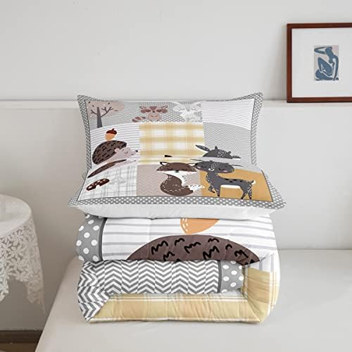 Homewish Cute Animals Full Size Comforter Set,Deer and Fox Bedding Set for Adults Teens,Children Grid Geometric Stripe Comforter Luxury Wild Animals Quilt Set Room Decor 3Pcs