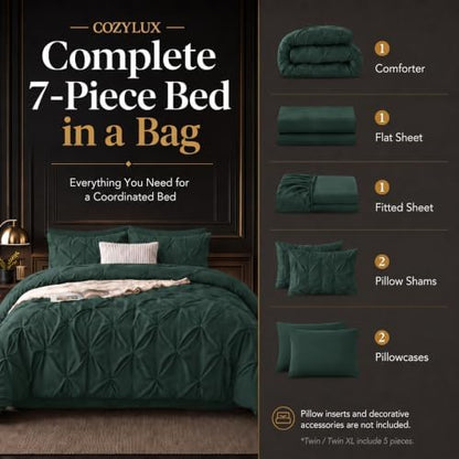 CozyLux Twin XL Comforter Set Forest Green, 5 Pieces Pintuck Bed in a Bag