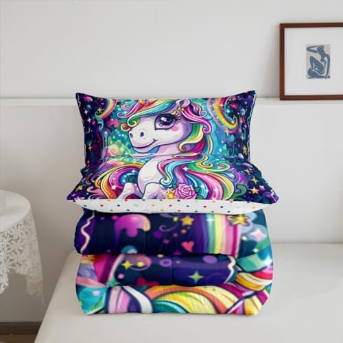 Castle Fairy Kids Unicorn Comforter Queen Size Girly Cartoon Animal Bedding Set Cute Watercolor Unicorn Print Duvet Set Children Boys Girls Unicorns Duvet Set, Rainbow Star Reversible Down Comforter