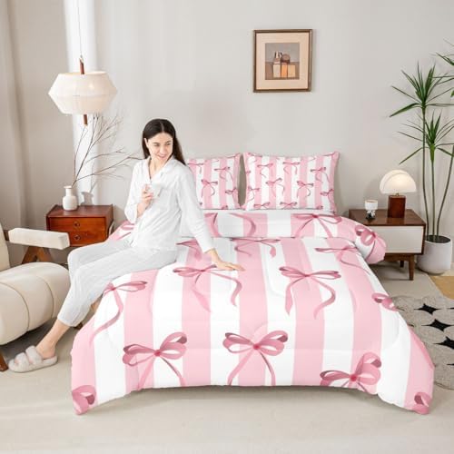jejeloiu Girls Pink Bow Comforter Set All Season Cute Bowknot Bedding Set with 1 Pillow Cases Bow Microfiber Kids Twin Bedclothes Bedroom Decor Duvet Quilt Breathable Soft Lightweight