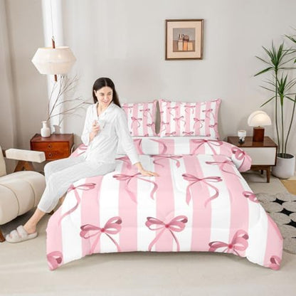 jejeloiu Girls Pink Bow Comforter Set All Season Cute Bowknot Bedding Set with 2 Pillow Cases Bow Microfiber Kids Full Bedclothes Bedroom Decor Duvet Quilt Breathable Soft Lightweight