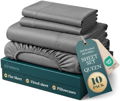 Pack of 10 Queen Sheets Set, 16" Deep Pocket Hotel Luxury Sheet, Dark Grey