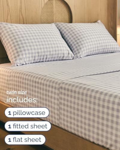 Twin 3 Piece Striped Sheet Set - Soft, Breathable & Cooling - Grey Gingham