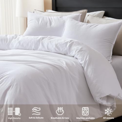WDCOZY White Twin Size Jacquard Duvet Cover Set with Zipper Closure, Modern Washed Soft Striped Bedding, Textured Seersucker Like Cotton Linen, 1 Duvet Cover and 1 Pillow Shams, No Comforter