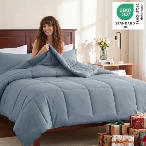 CozyLux Oversized Queen Comforter Set, 3-Piece Box-Stitched, Grayish Blue